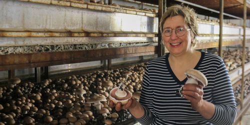 Christine Van Steenkiste met twee grote portobello's in haar handen - (c) Chamrova
----
Sort: 4